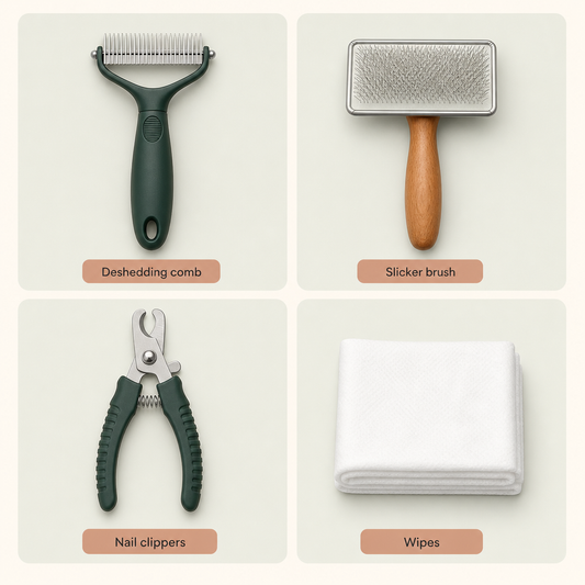 Dog Grooming Kit - deshedding comb, slicker brush, nail clippers and wipes, 4-in-1 set