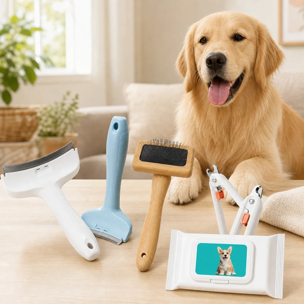 Dog grooming kit in use with dog at home